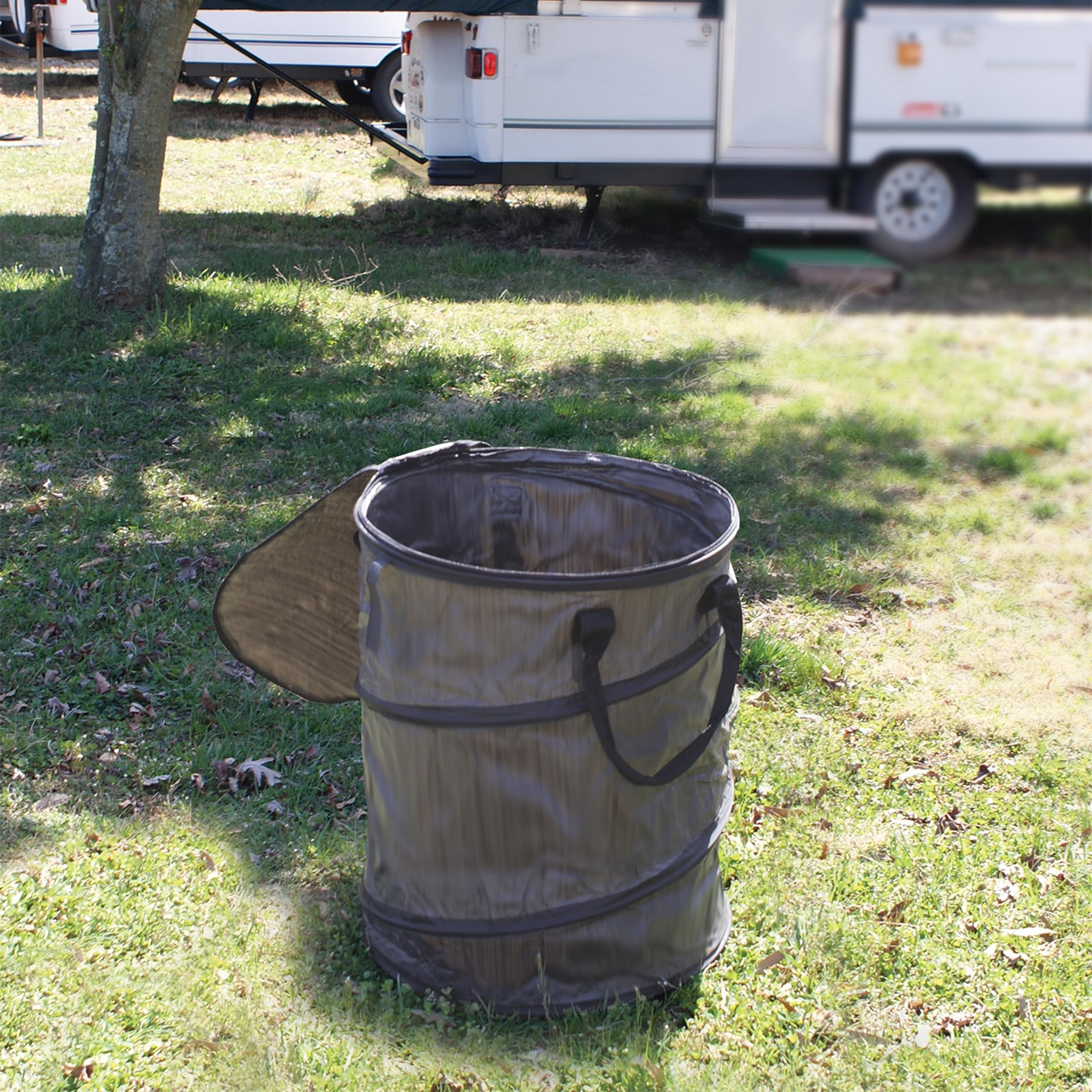 Camco Pop-Up Utility Container | Features Heavy Duty Liner & Zipper Close Lid | Holds 30-Gallon Kitchen-Size Trash Bags | Stands